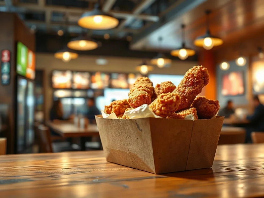 Złociste kawałki kurczaka w pudełku typu Chicken Box serwowane na drewnianym stole w nowoczesnej restauracji.