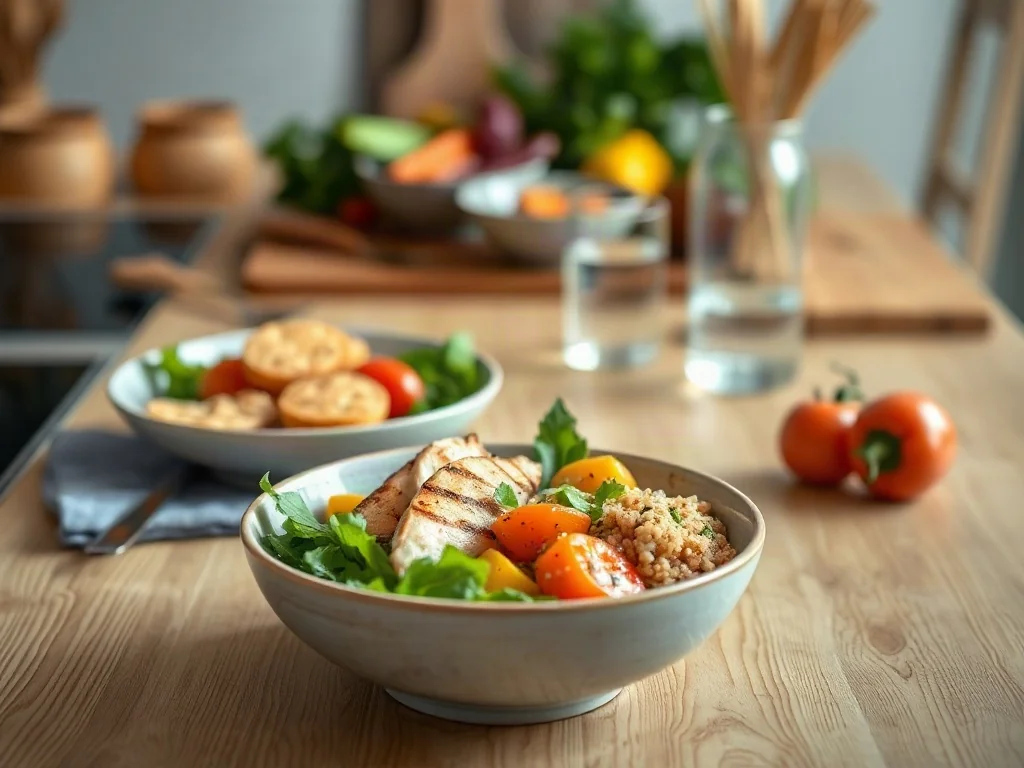 Zbilansowany posiłek z grillowanym kurczakiem, komosą ryżową i warzywami na drewnianym stole, ilustrujący dietę 1600 kcal.