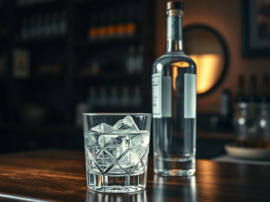 Elegancka butelka wódki i szklanka z lodem na barze. Klimatyczna sceneria podkreślająca jakość i sposób serwowania alkoholu.
